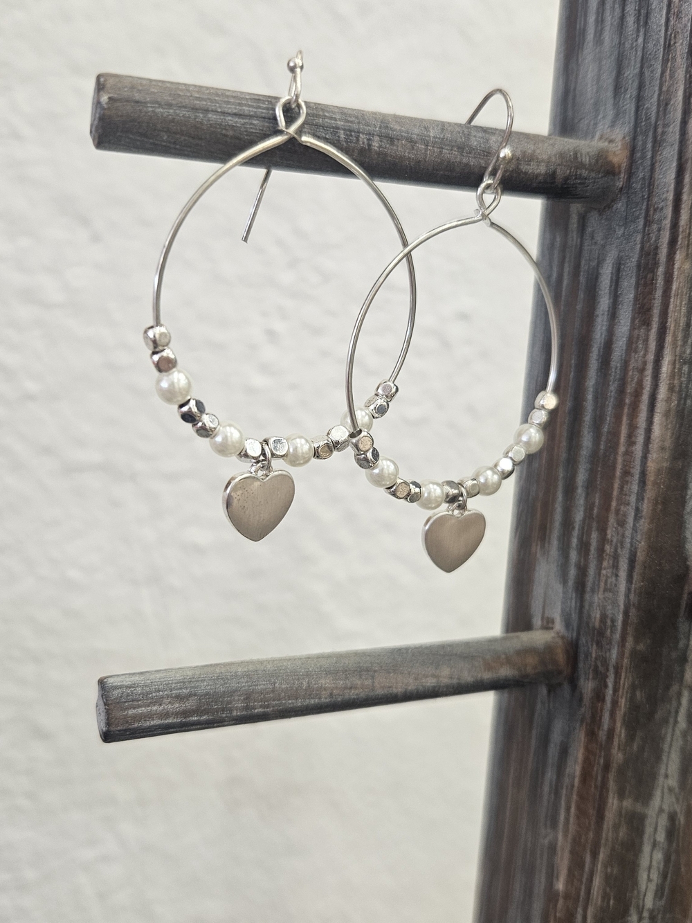 Silver Heart Hoop Earrings with Pearl Accents - Picture 3 of 3